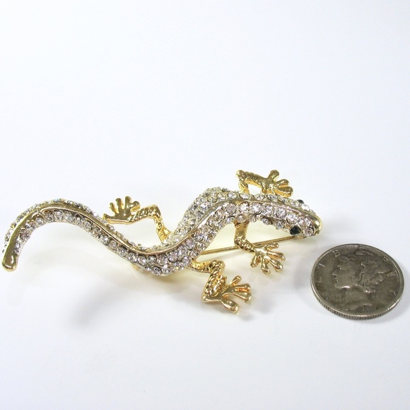 Pave Rhinestone Lizard Pin, Gecko, Gold Tone - Picture 6 of 6